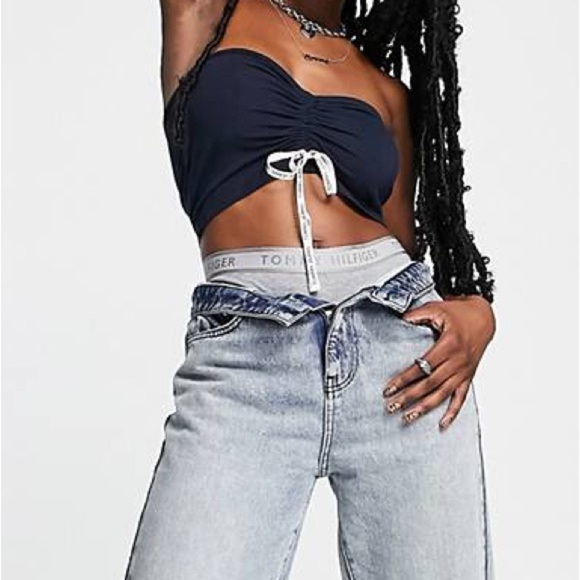 NWT Tommy Jeans Ruched Crop Top with Logo Strings in Navy Size L - Picture 10 of 10